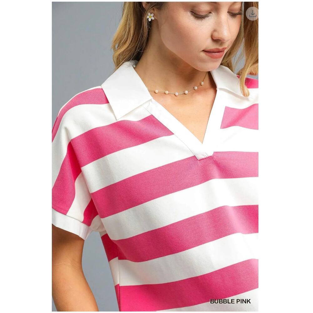 Umgee - Chic Contrast Stripe Collared Top - Small - Picture 3 of 6